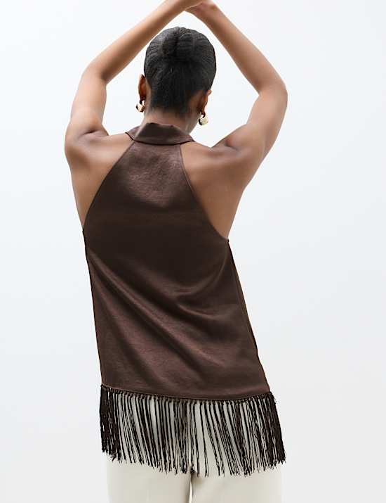 Satin Cowl Neck Fringe Detail Cami Top