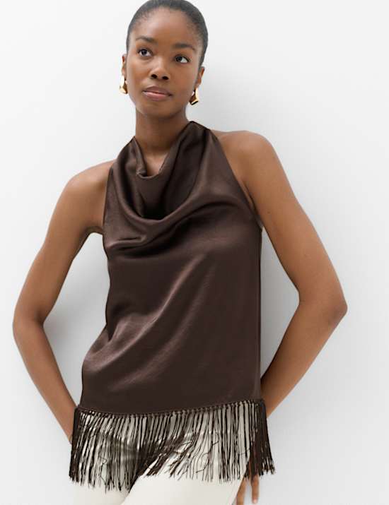 Satin Cowl Neck Fringe Detail Cami Top