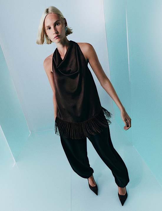 Satin Cowl Neck Fringe Detail Cami Top