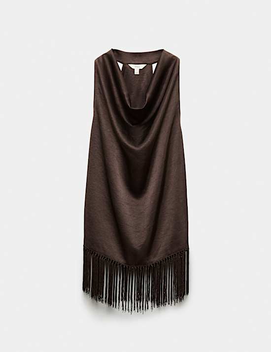 Satin Cowl Neck Fringe Detail Cami Top