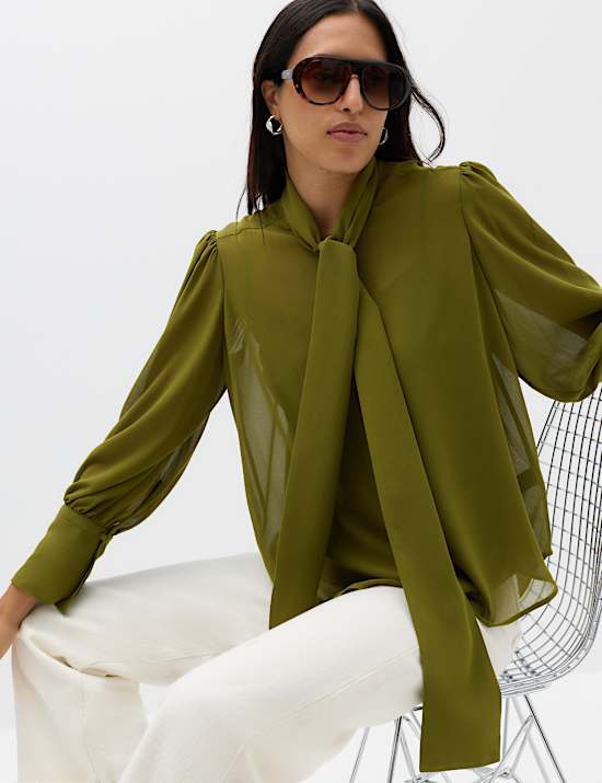 Sheer Tie Neck Bow Blouse