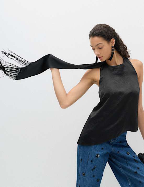 Satin Halter Neck Scarf Detail Top