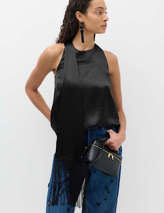 Satin Halter Neck Scarf Detail Top