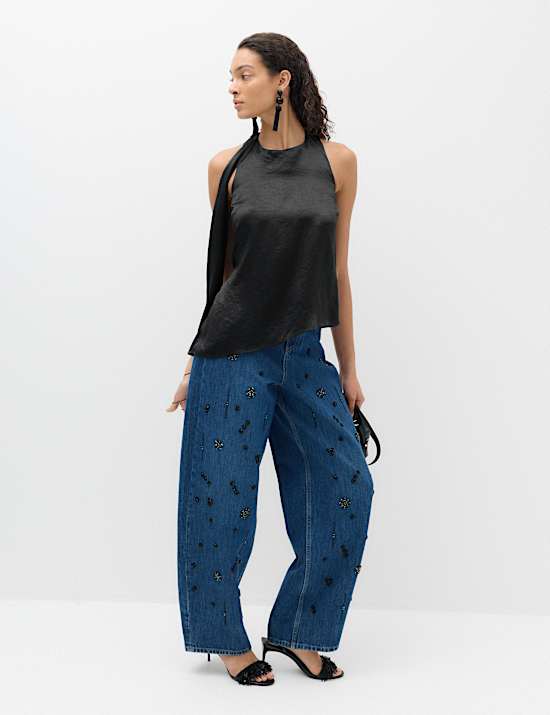 Satin Halter Neck Scarf Detail Top