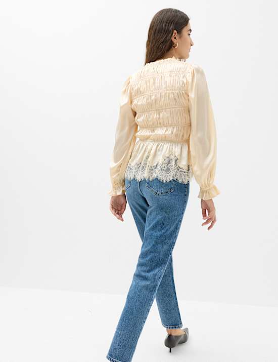 Satin Lace V Neck Shirred Top