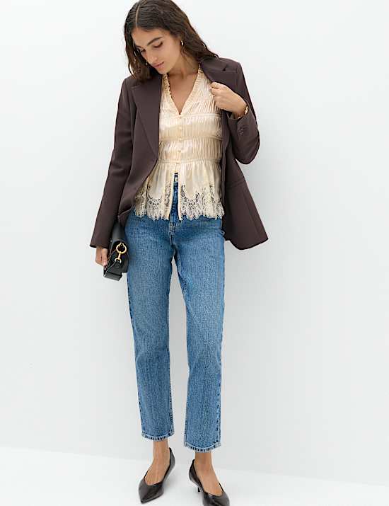 Satin Lace V Neck Shirred Top