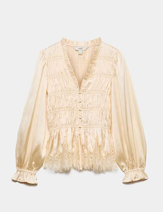 Satin Lace V Neck Shirred Top