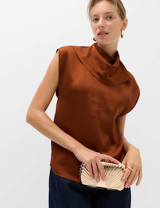 Satin High Neck Scarf Detail Top