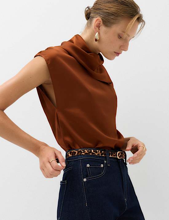 Satin High Neck Scarf Detail Top