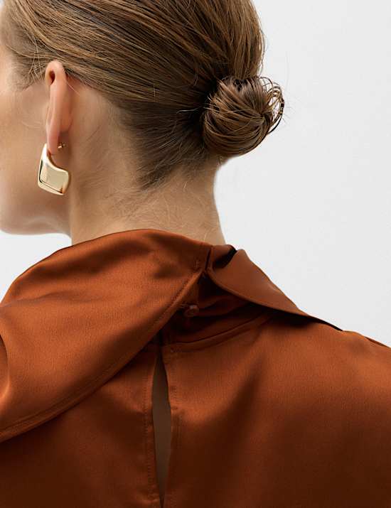 Satin High Neck Scarf Detail Top