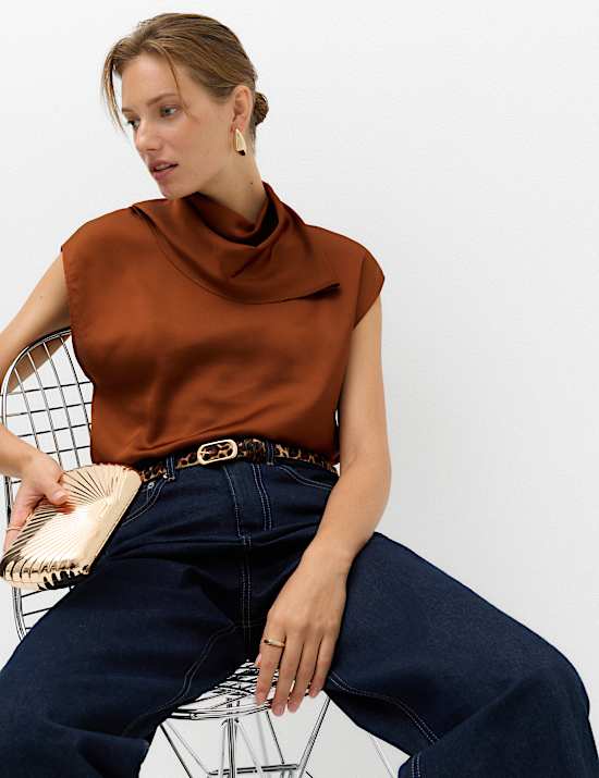 Satin High Neck Scarf Detail Top