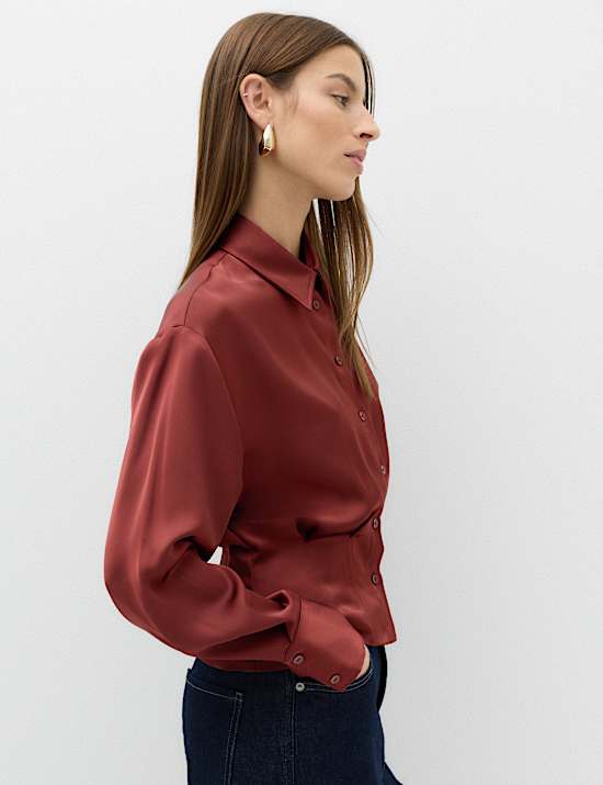 Satin Collared Button Through Waisted Shirt