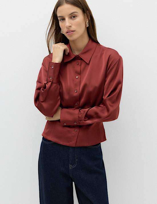 Satin Collared Button Through Waisted Shirt
