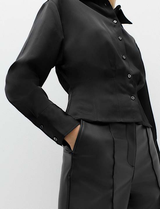 Satin Collared Button Through Waisted Shirt