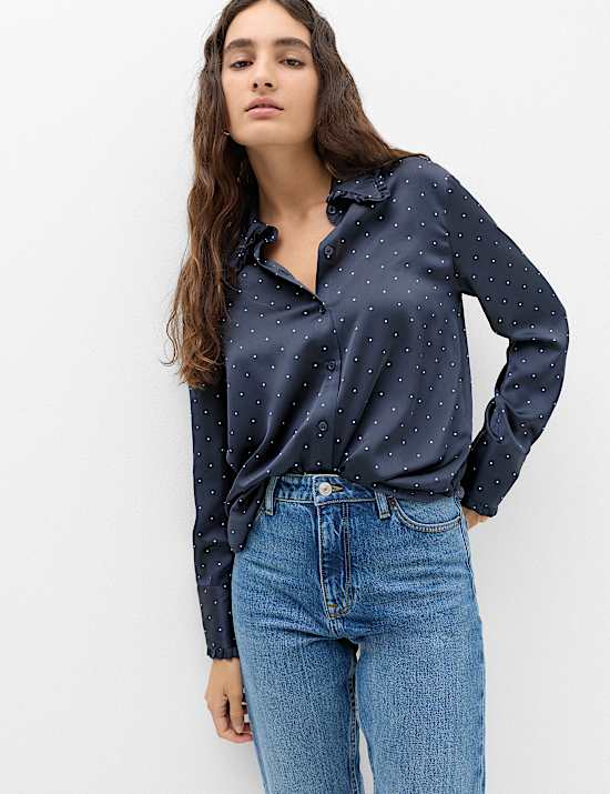 Satin Polka Dot Collared Frill Detail Shirt