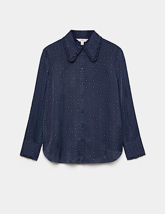 Satin Polka Dot Collared Frill Detail Shirt
