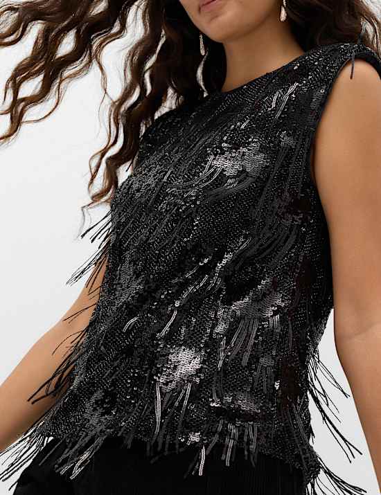 Sequin Round Neck Fringe Detail Shell Top