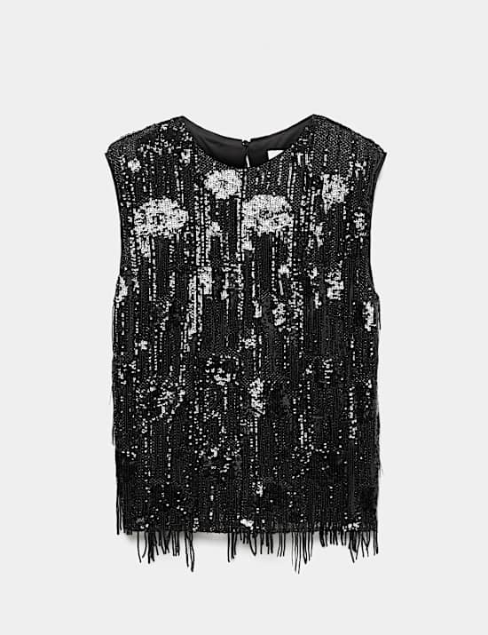 Sequin Round Neck Fringe Detail Shell Top