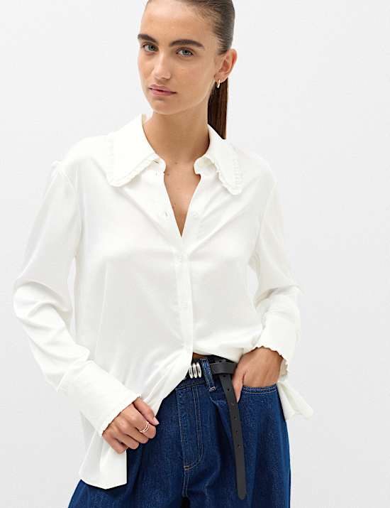 Satin Collared Frill Detail Shirt