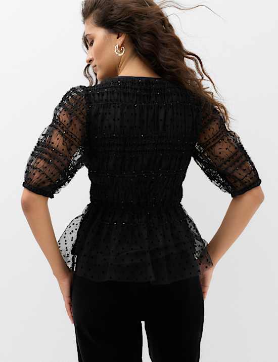 Sequin Shirred Puff Sleeve Peplum Top