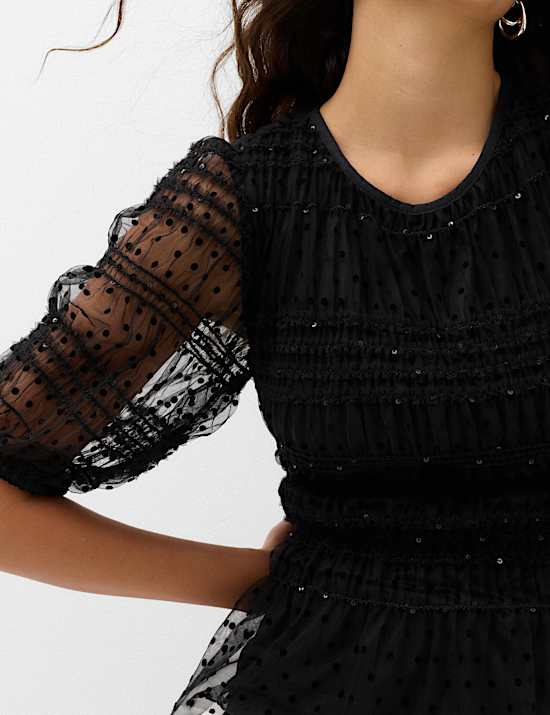 Sequin Shirred Puff Sleeve Peplum Top