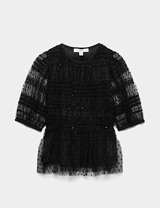 Sequin Shirred Puff Sleeve Peplum Top