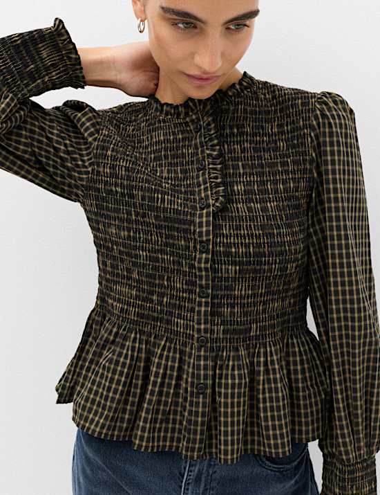 Pure Cotton Checked Frill Shirred Peplum Shirt