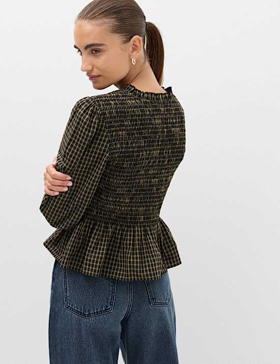 Pure Cotton Checked Frill Shirred Peplum Shirt