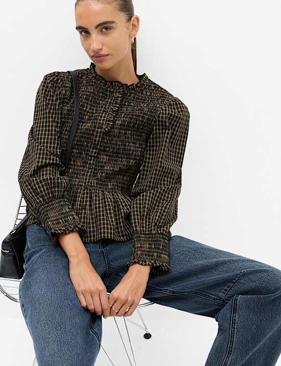 Pure Cotton Checked Frill Shirred Peplum Shirt