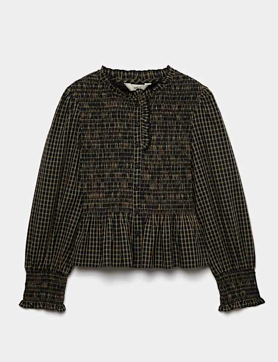 Pure Cotton Checked Frill Shirred Peplum Shirt