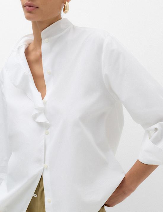 Pure Cotton Frill Detail High Neck Shirt