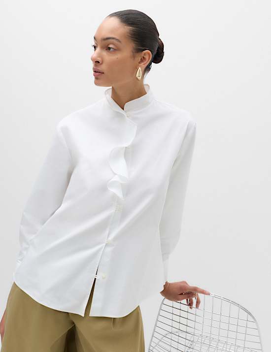 Pure Cotton Frill Detail High Neck Shirt