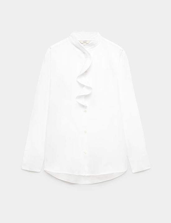 Pure Cotton Frill Detail High Neck Shirt