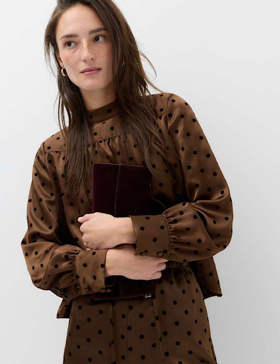 Polka Dot High Neck Padded Shoulder Top