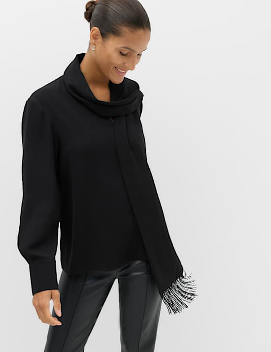 V Neck Scarf Detail Fringed Top