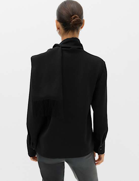 V Neck Scarf Detail Fringed Top