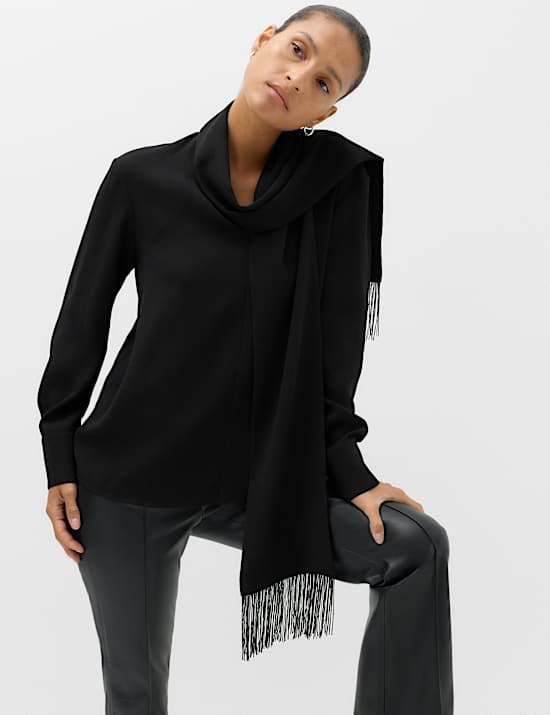 V Neck Scarf Detail Fringed Top