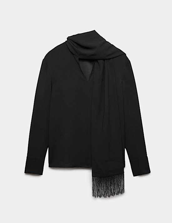 V Neck Scarf Detail Fringed Top