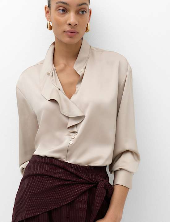 Satin Ruffle High Neck Shirt