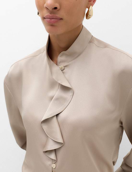 Satin Ruffle High Neck Shirt