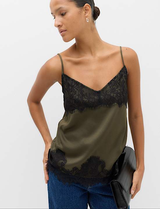 Satin V Neck Lace Insert Longline Cami Top