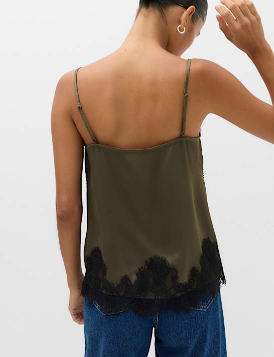 Satin V Neck Lace Insert Longline Cami Top