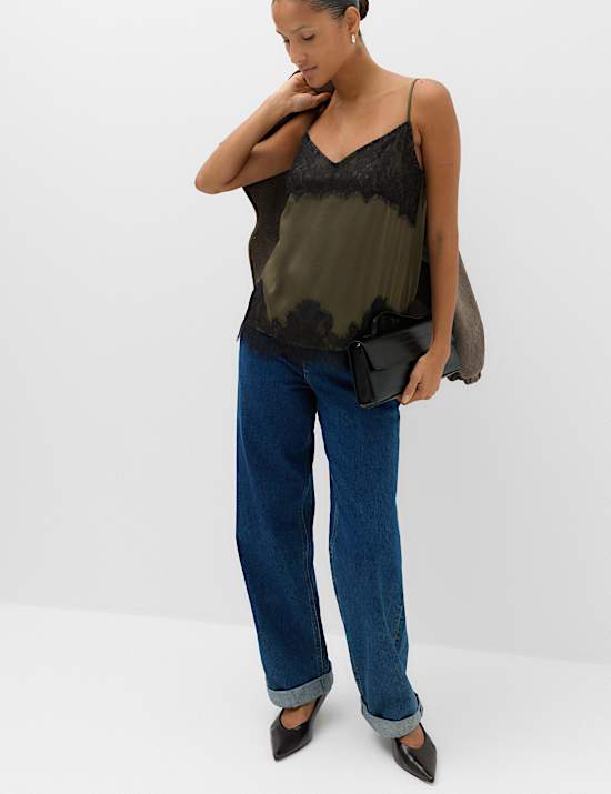 Satin V Neck Lace Insert Longline Cami Top