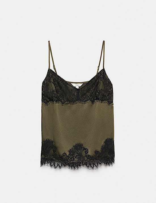 Satin V Neck Lace Insert Longline Cami Top