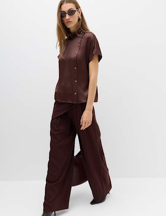 Satin Funnel Neck Button Detail Shirt