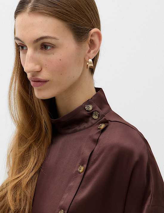 Satin Funnel Neck Button Detail Shirt