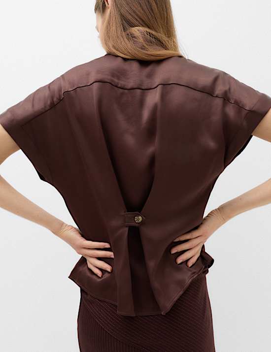 Satin Funnel Neck Button Detail Shirt