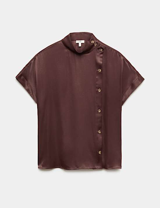 Satin Funnel Neck Button Detail Shirt