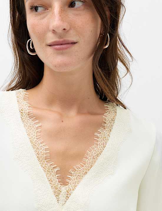 Satin V Neck Lace Detail Top