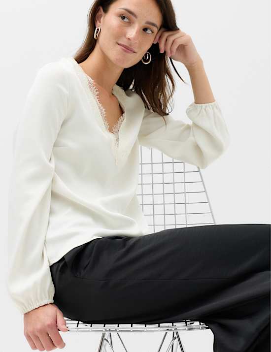 Satin V Neck Lace Detail Top